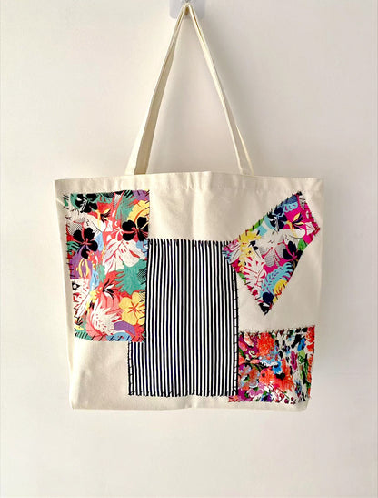 Sustainable and Personalized Patchwork Canvas Tote Bag for Hand Carry or Shoulder Use