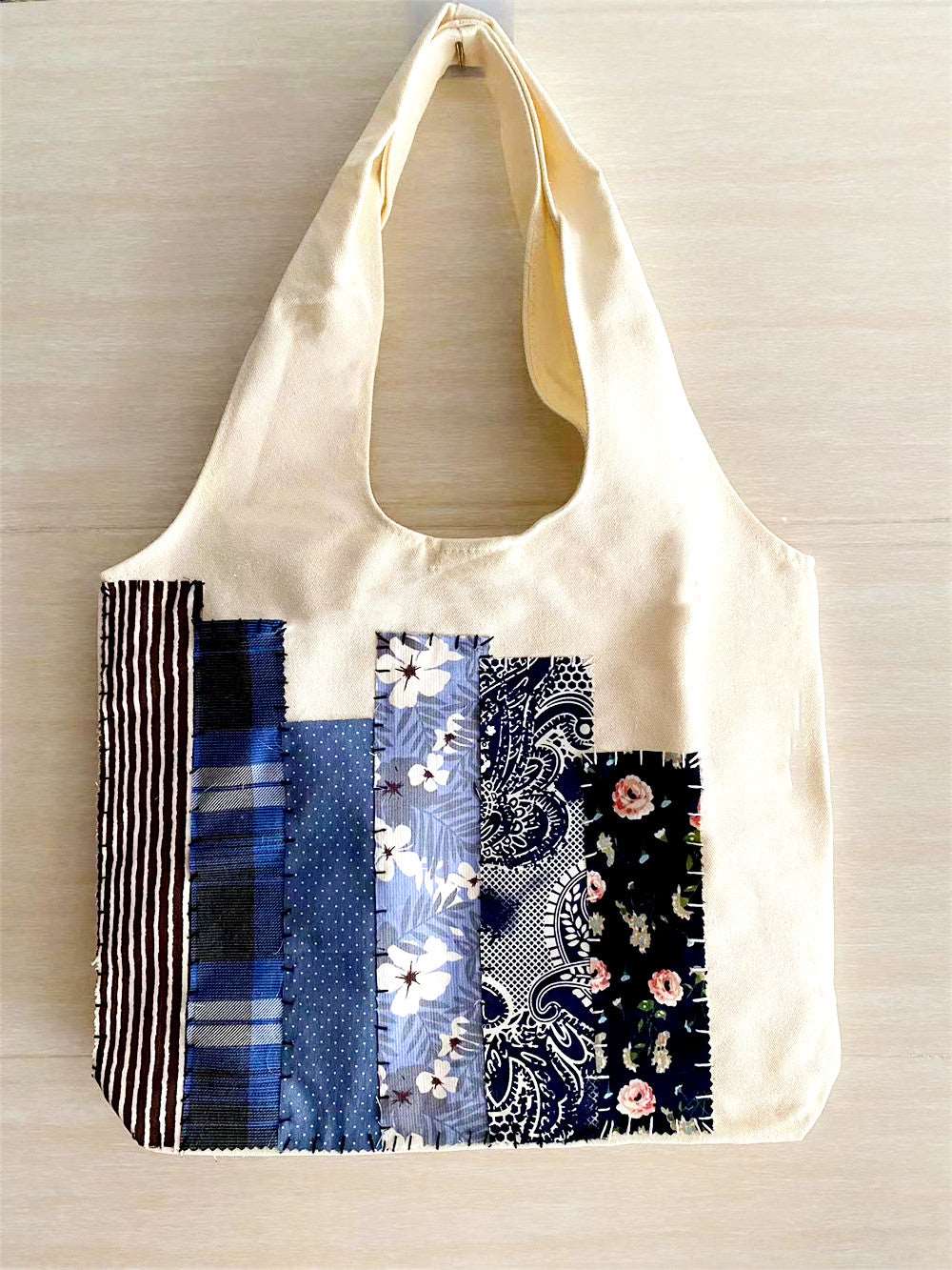 Personalized Handmade Fabric Tote Bag with Custom Design and Patchwork