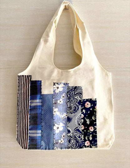 Handmade Patchwork Canvas Tote Bag with Adjustable Shoulder Strap