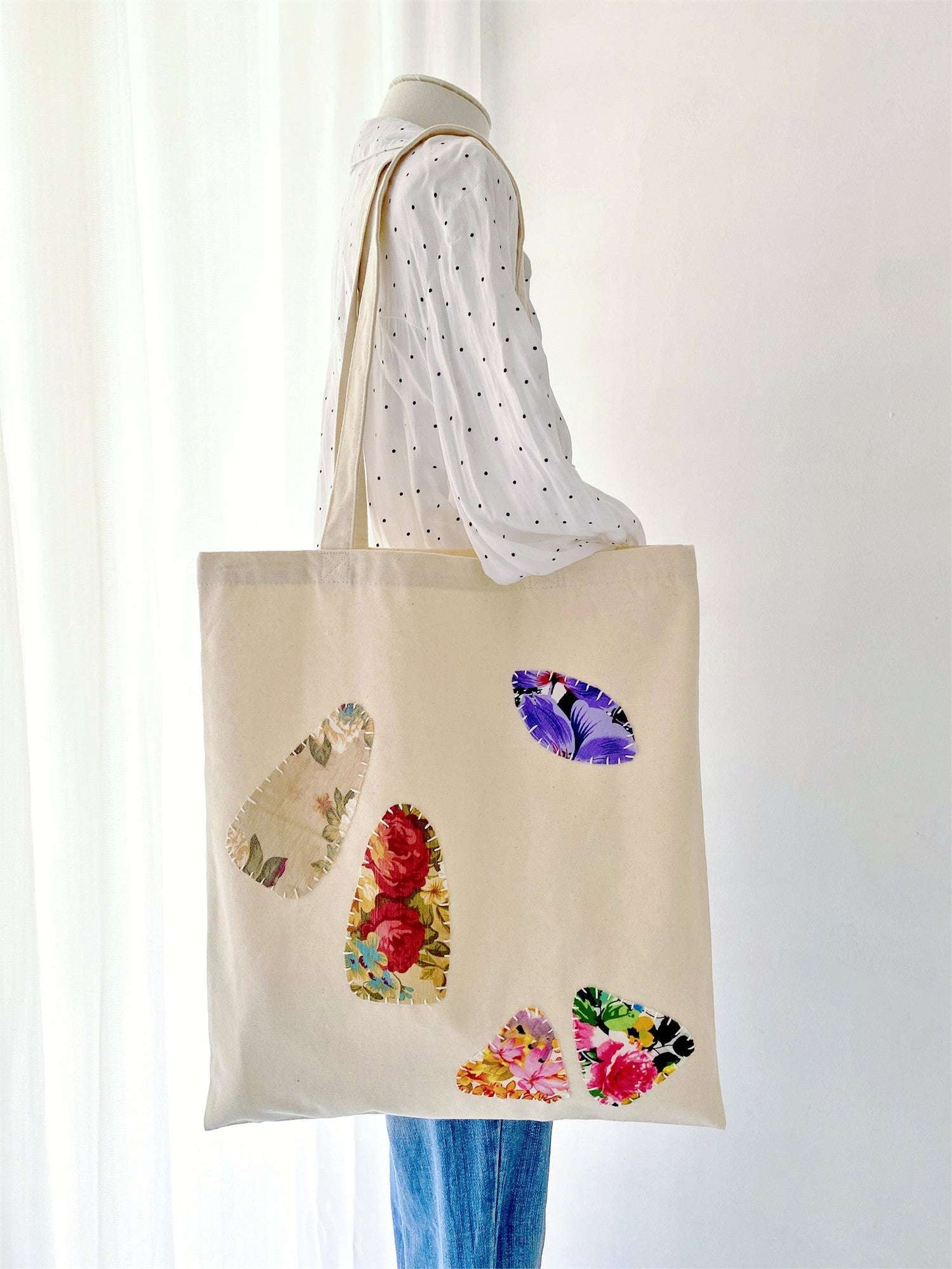 relaxed shoulder bag with handcrafted patchwork accents