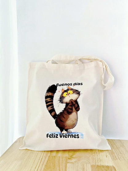 sustainable natural material tote bag with artistic cat illustration