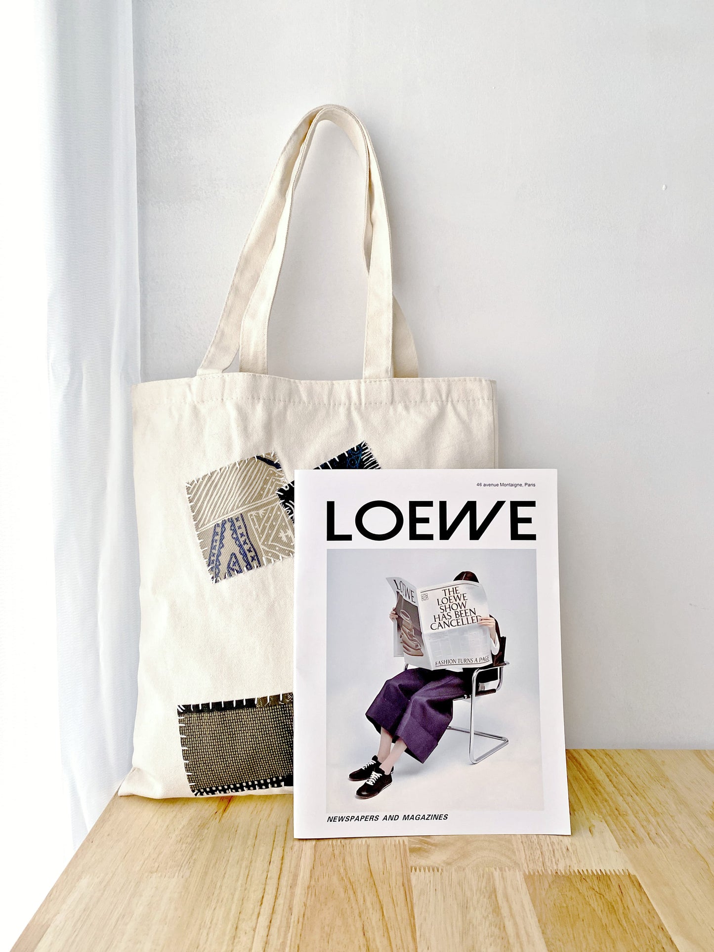 casual canvas shoulder bag with hand-sewn patchwork for versatile use