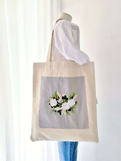 Handmade embroidered floral cotton tote for eco-friendly daily use