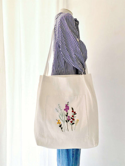 durable soft linen shoulder bag with floral embroidery