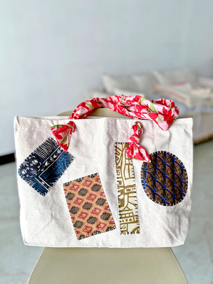 Creative cotton canvas tote bag with hand stitched patchwork for women