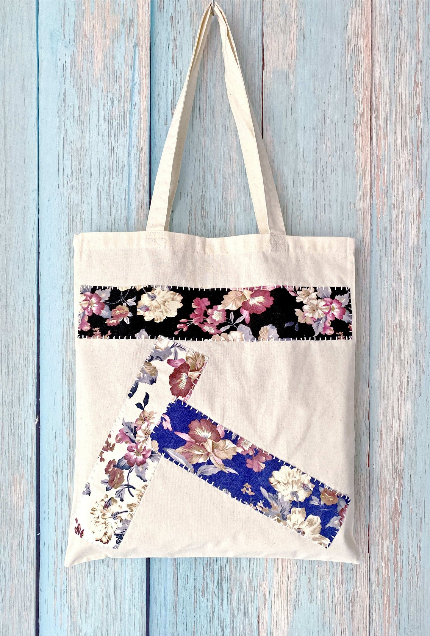 Canvas shoulder tote with unique DIY patchwork design for modern minimalism lovers