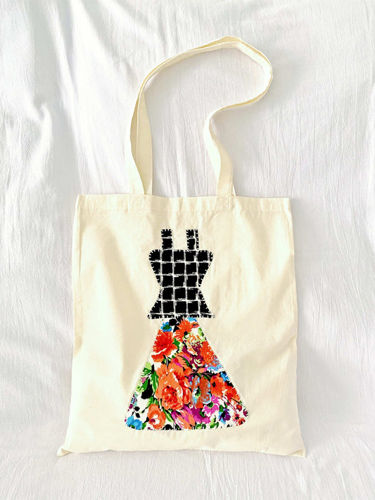 soft cotton tote with artistic patchwork details
