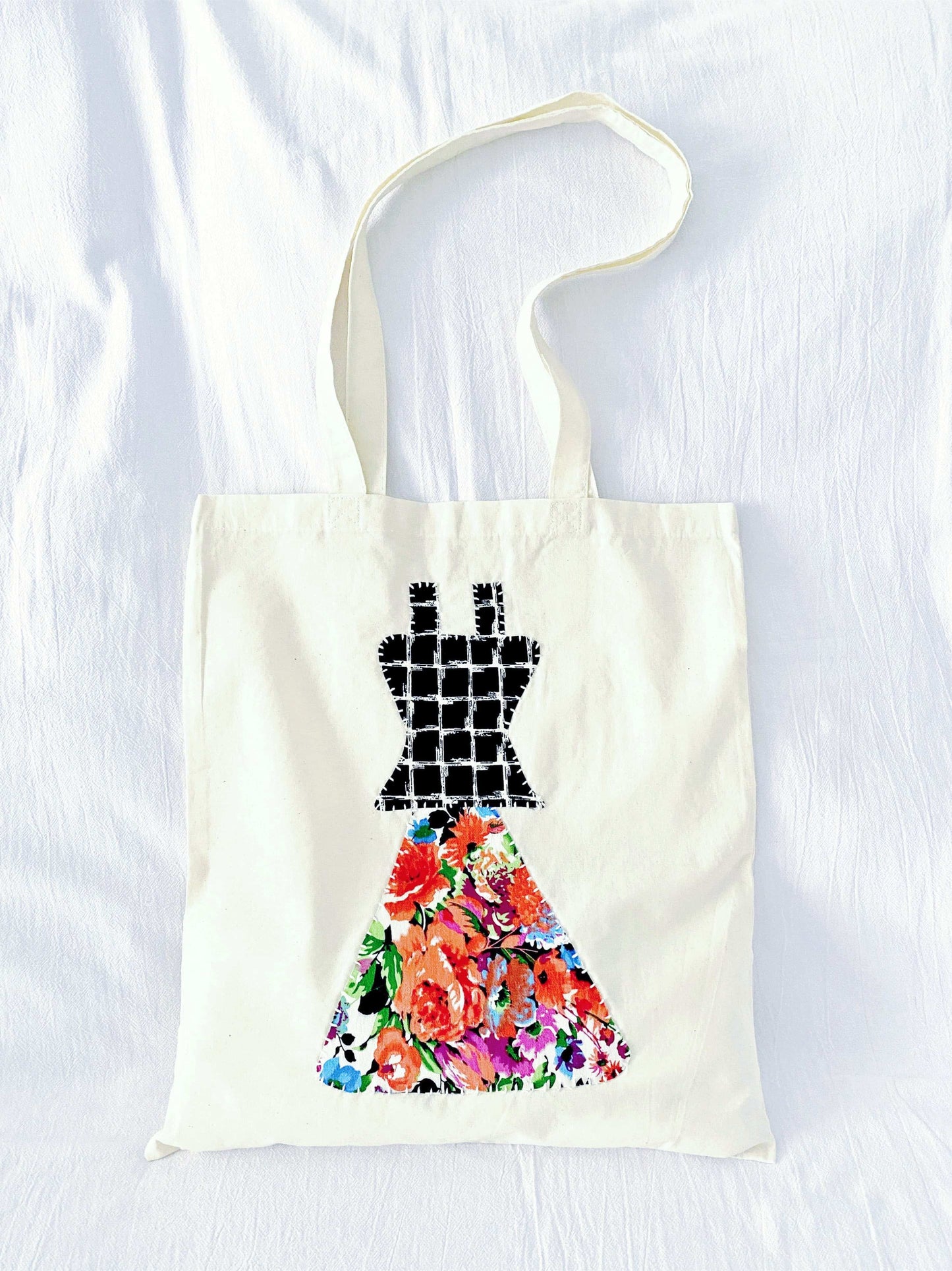 Artistic patchwork fabric tote bag ideal for weekend coffee outings