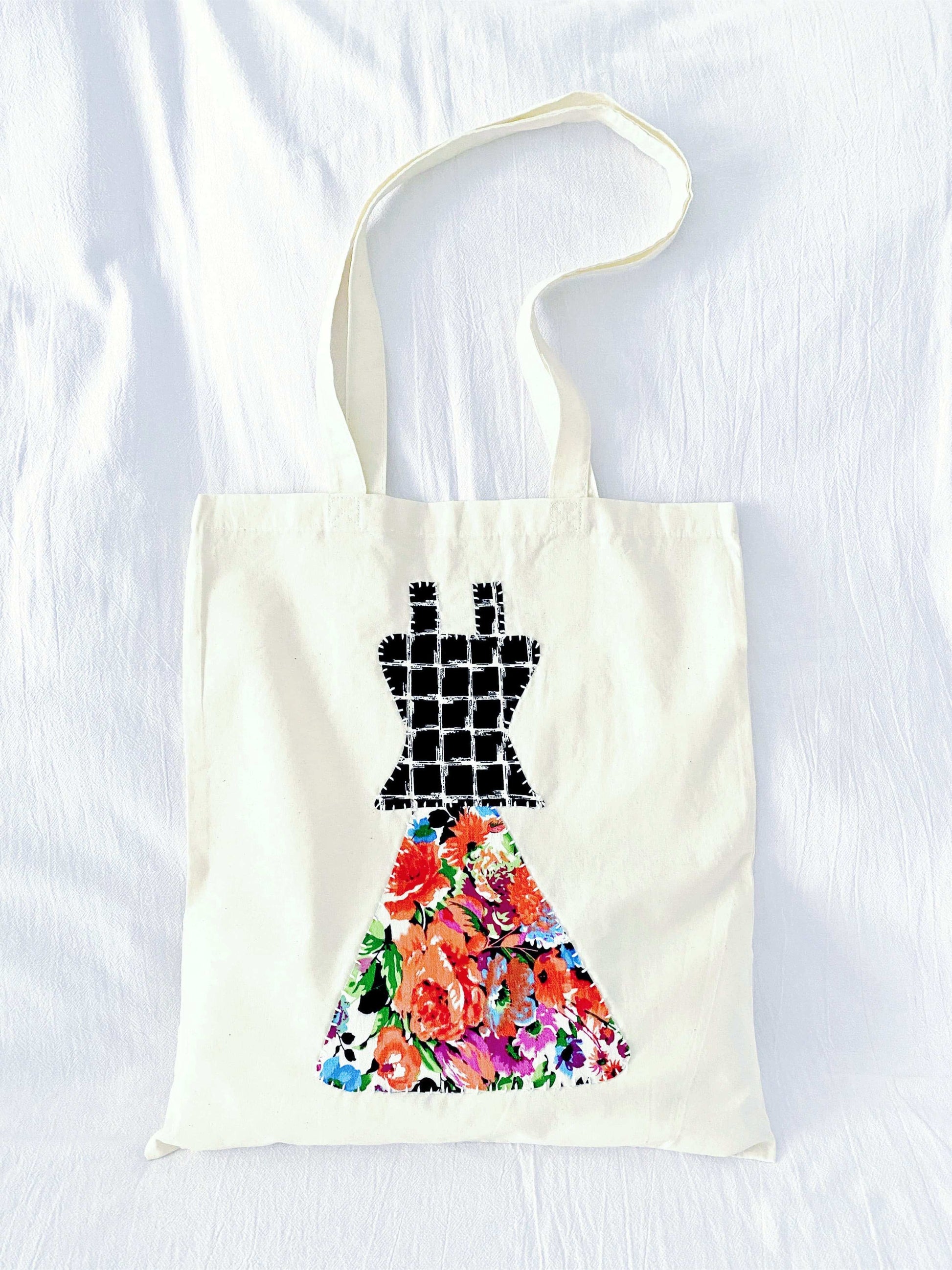 Artistic patchwork fabric tote bag ideal for weekend coffee outings