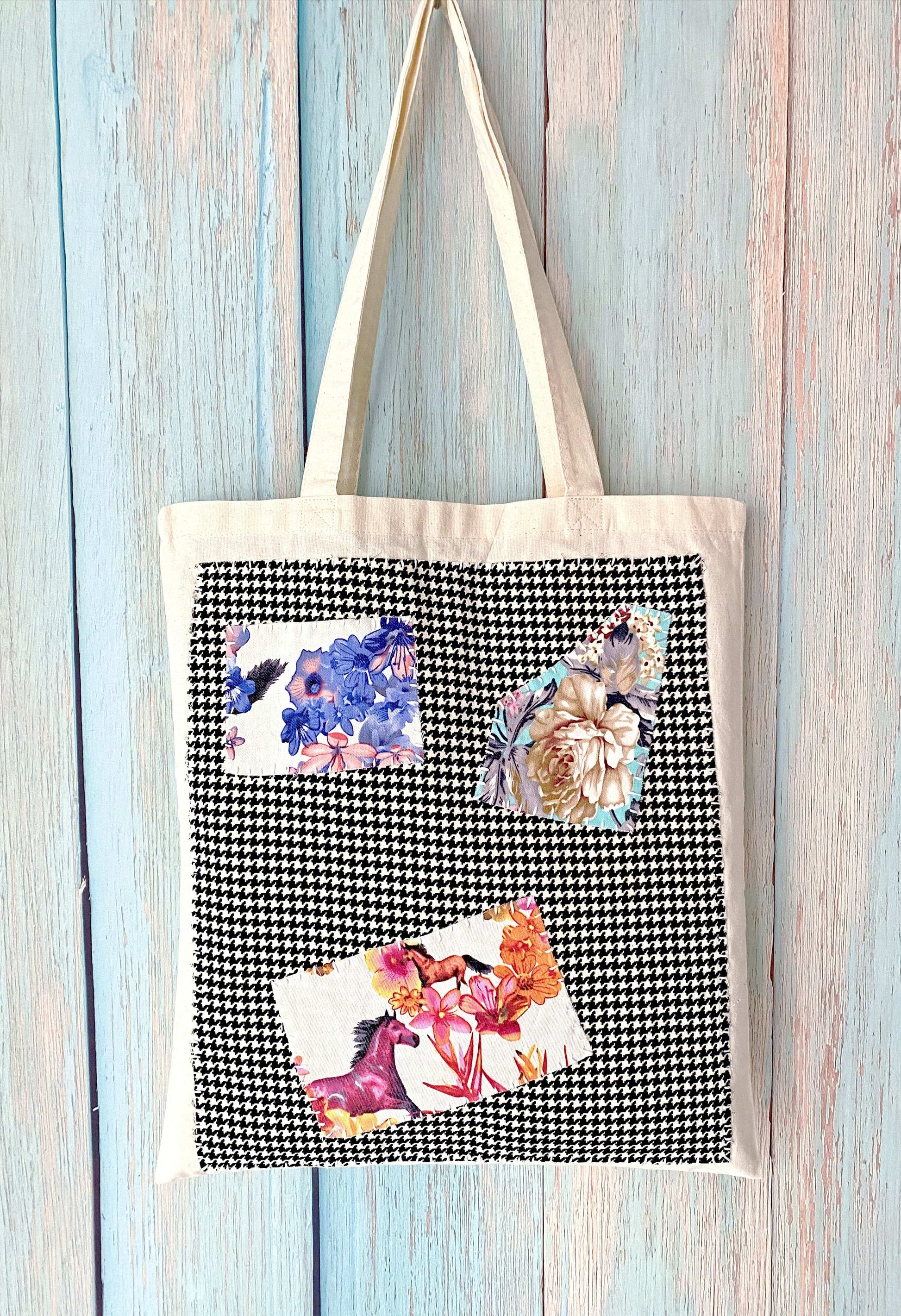 Durable large capacity tote bag made of sustainable canvas with creative patchwork design