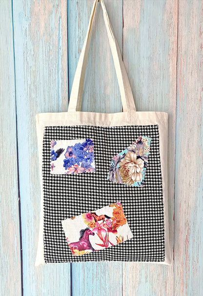 Durable large capacity tote bag made of sustainable canvas with creative patchwork design