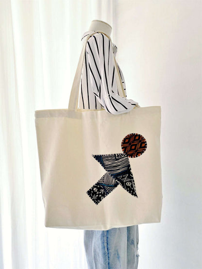 simple canvas tote bag with handmade patchwork design
