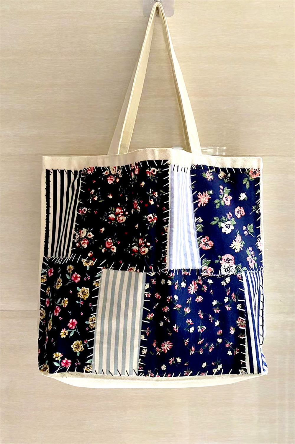 Stylish Handcrafted Canvas Tote Bag for Shopping and Traveling with Diy Patchwork Patterns