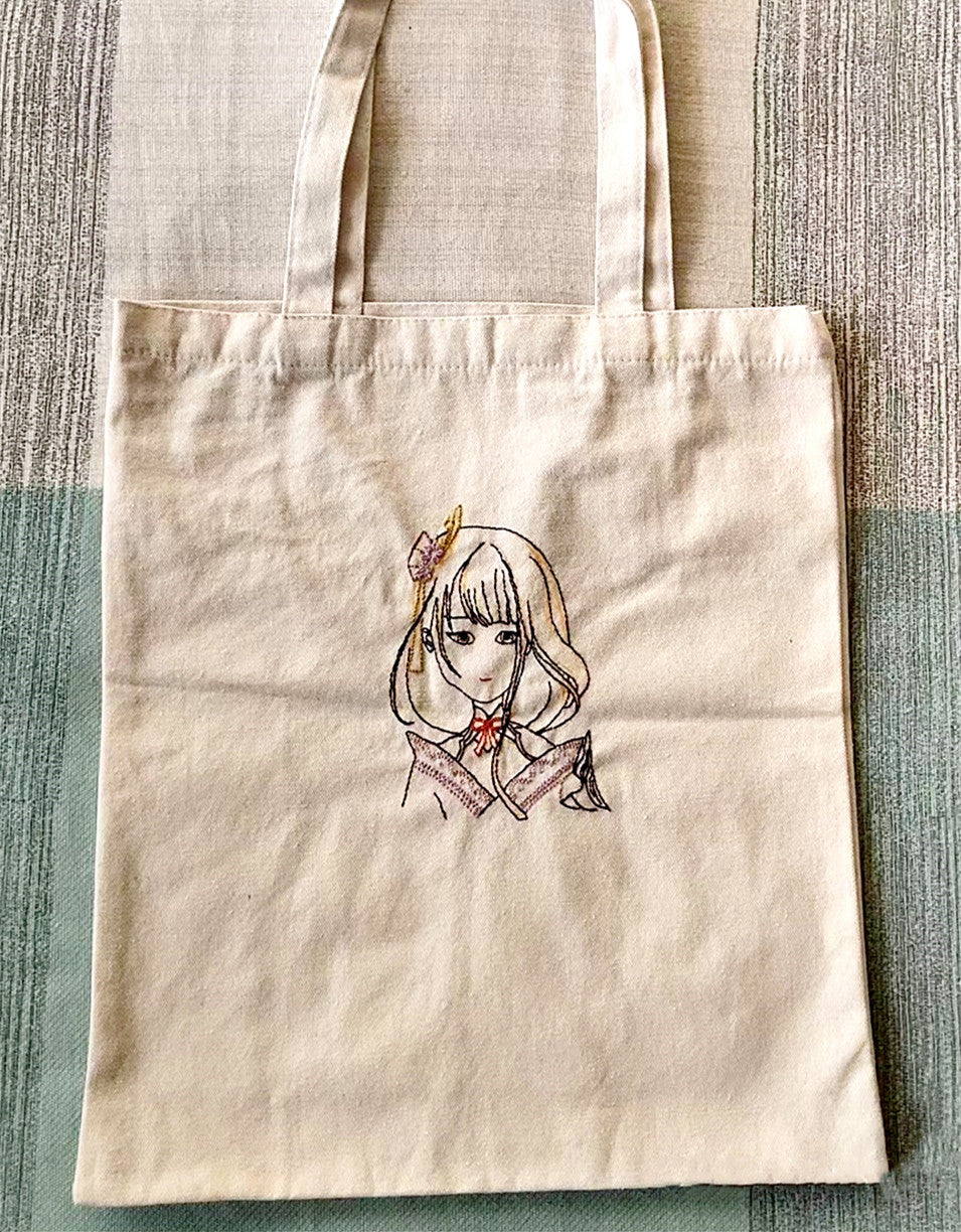 Artisan Canvas Tote with Embroidered Girl Face