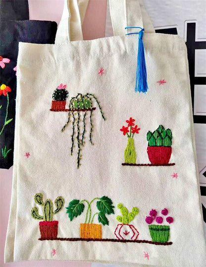 Handmade Canvas Tote Bag With Custom Floral Embroidery Design