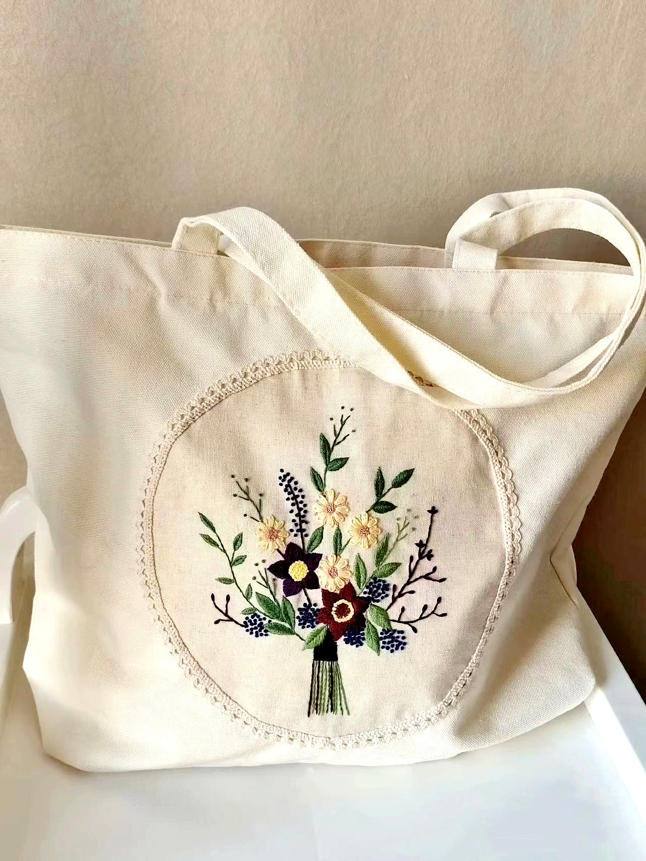 Elegant Handmade Canvas Tote Bag with Intricate Floral Embroidery for Fashionable Storage