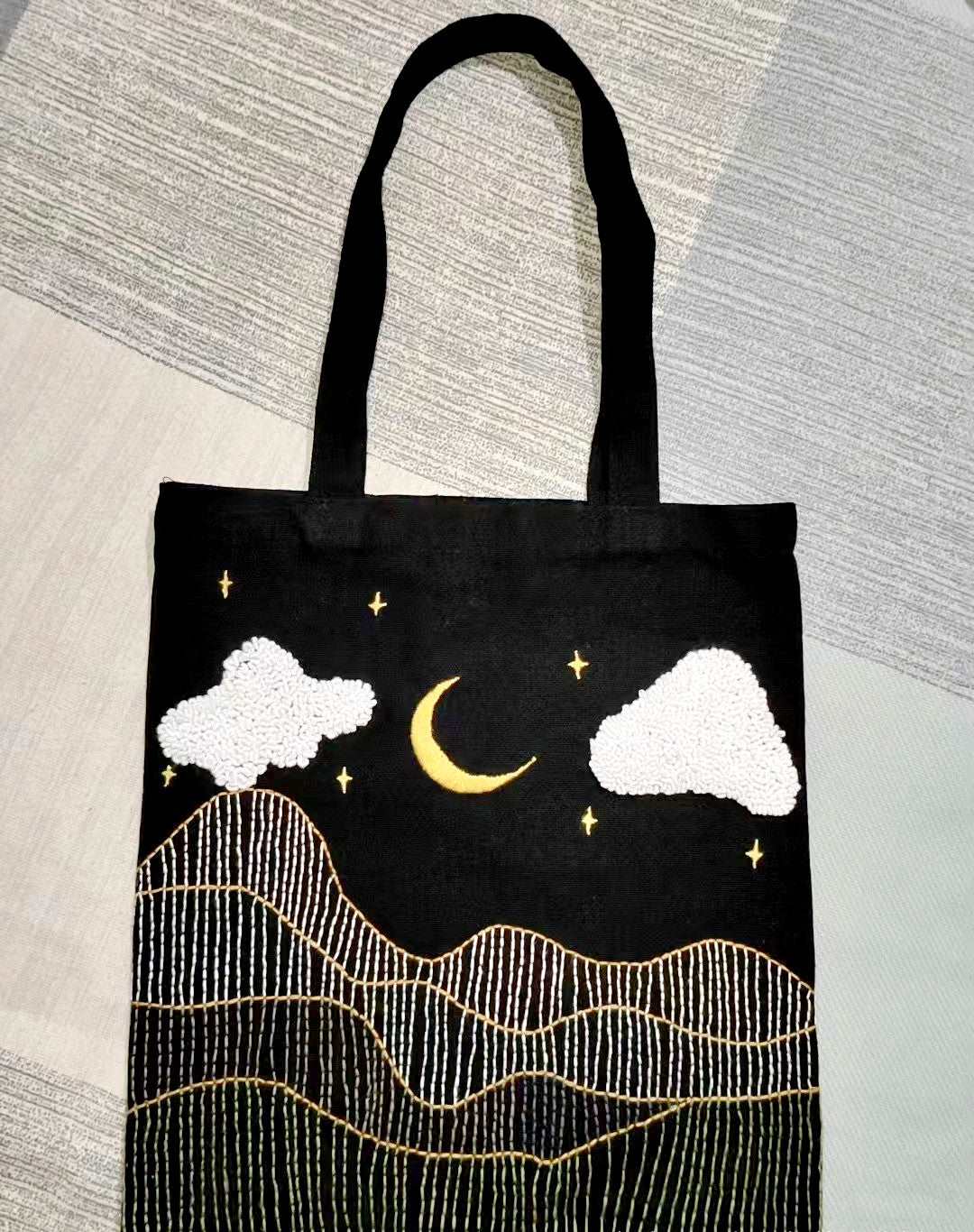 Artisan Canvas Tote Bags with Hand Embroidered Night Sky and Floral Patterns