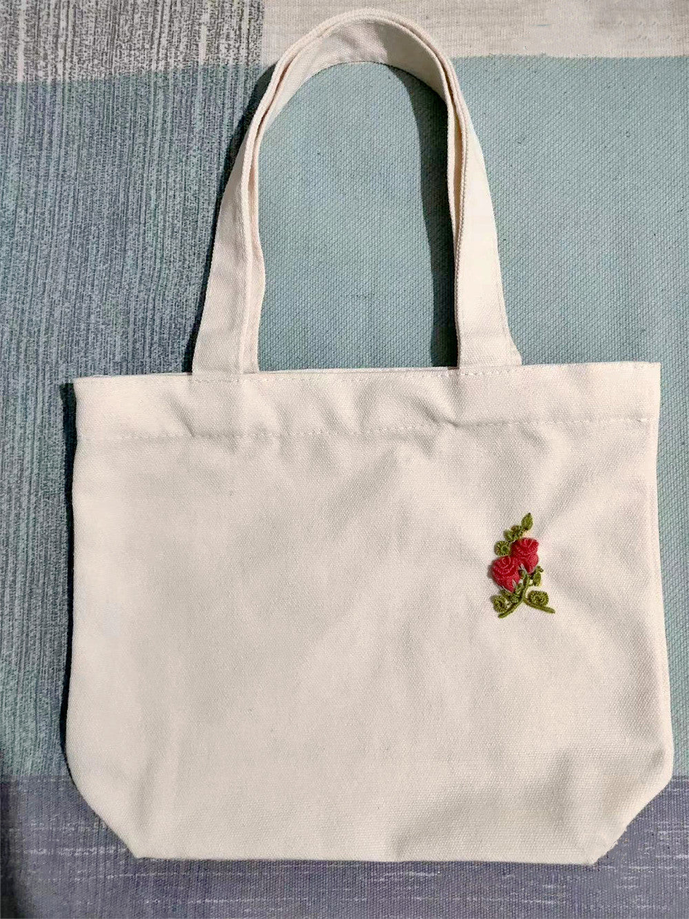 Stylish Large Capacity Handmade Canvas Tote with Handcrafted Red Rose Design