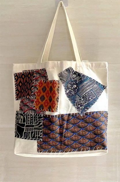 Custom DIY Hand-Sewn Patchwork Canvas Tote for Travel and Strolling