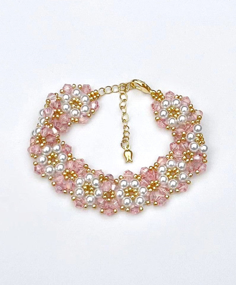 Exquisite Handcrafted Crystal Bead Glass Bracelet with Pink and White Beads