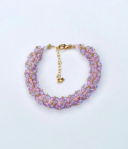 Exquisite Handcrafted Crystal Bead Glass Wristlet in Pink and Purple Tones