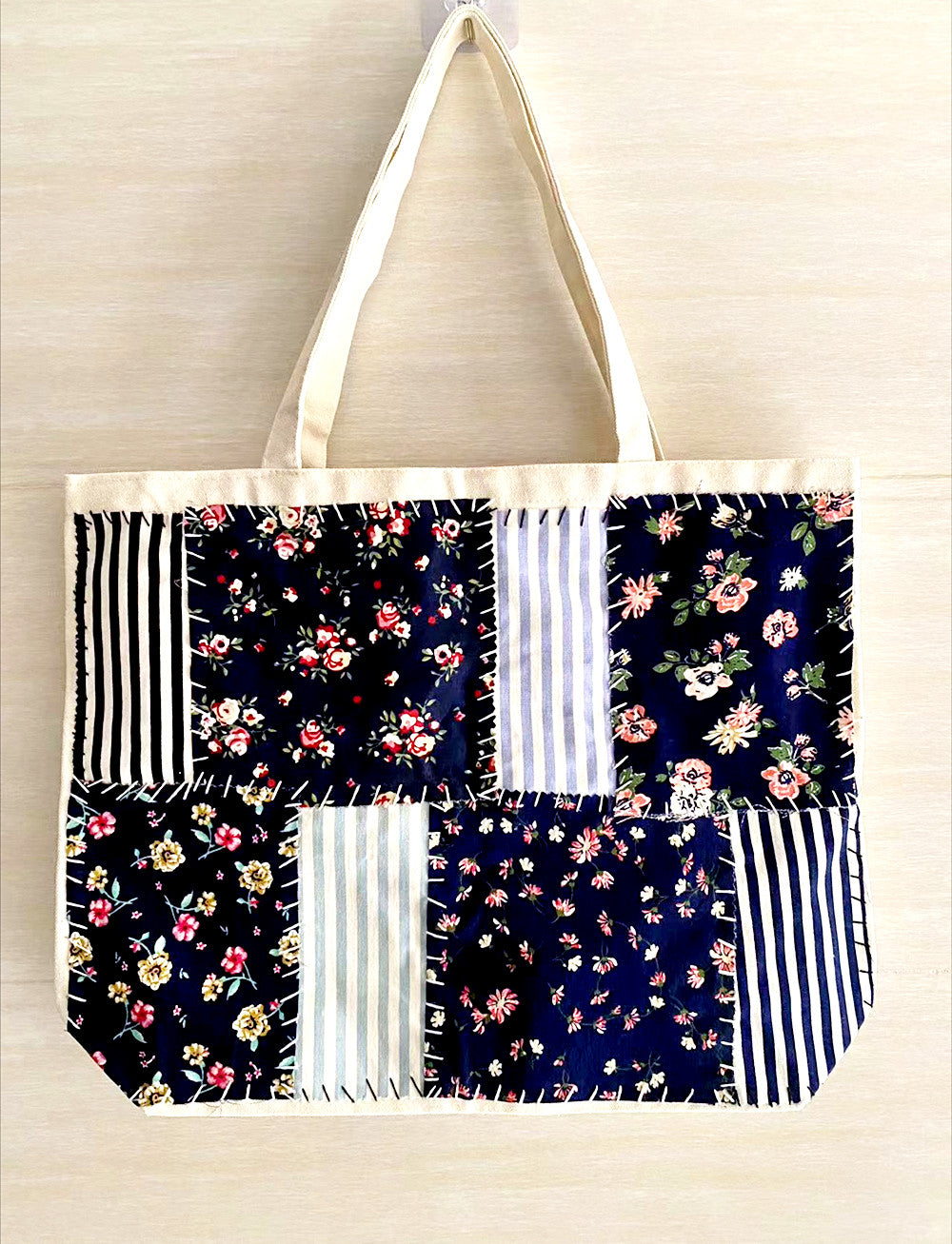 Handmade Designer Canvas Tote Bag with Spacious Interior and Hand-Sewn Patchwork