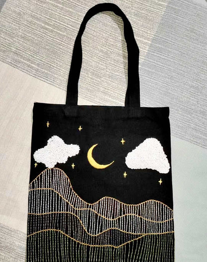 Handmade Canvas Tote Bags with Night Sky Embroidery Design for Shoulder Carry