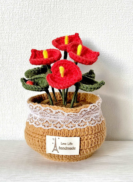 Whimsical Handcrafted Crochet Red Blossom Pot for Plant Lovers