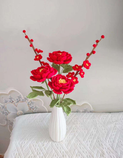 Artisan Crocheted Red Plum Blossom Bouquet