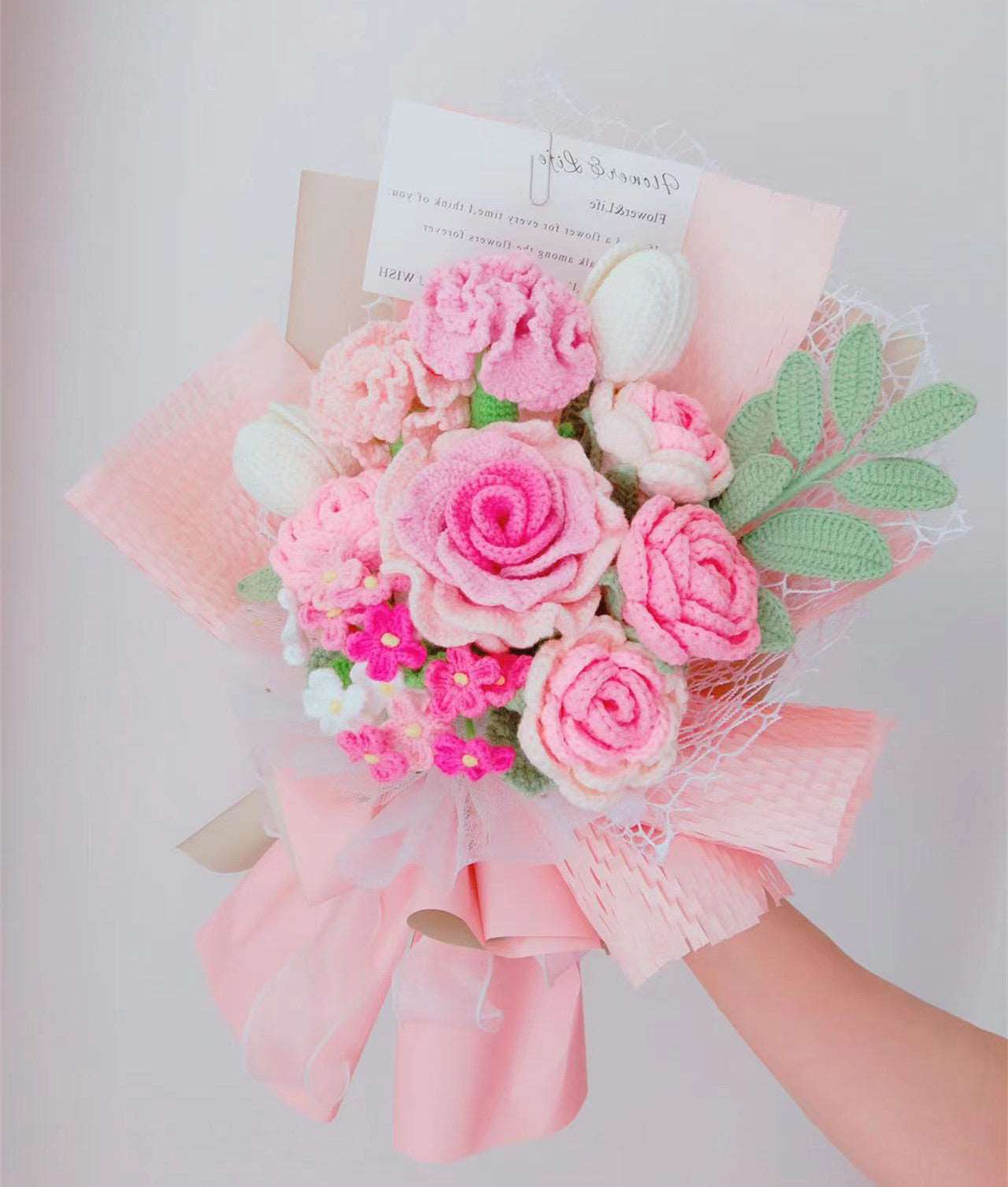 Crochet Bouquet with White and Pink Flowers