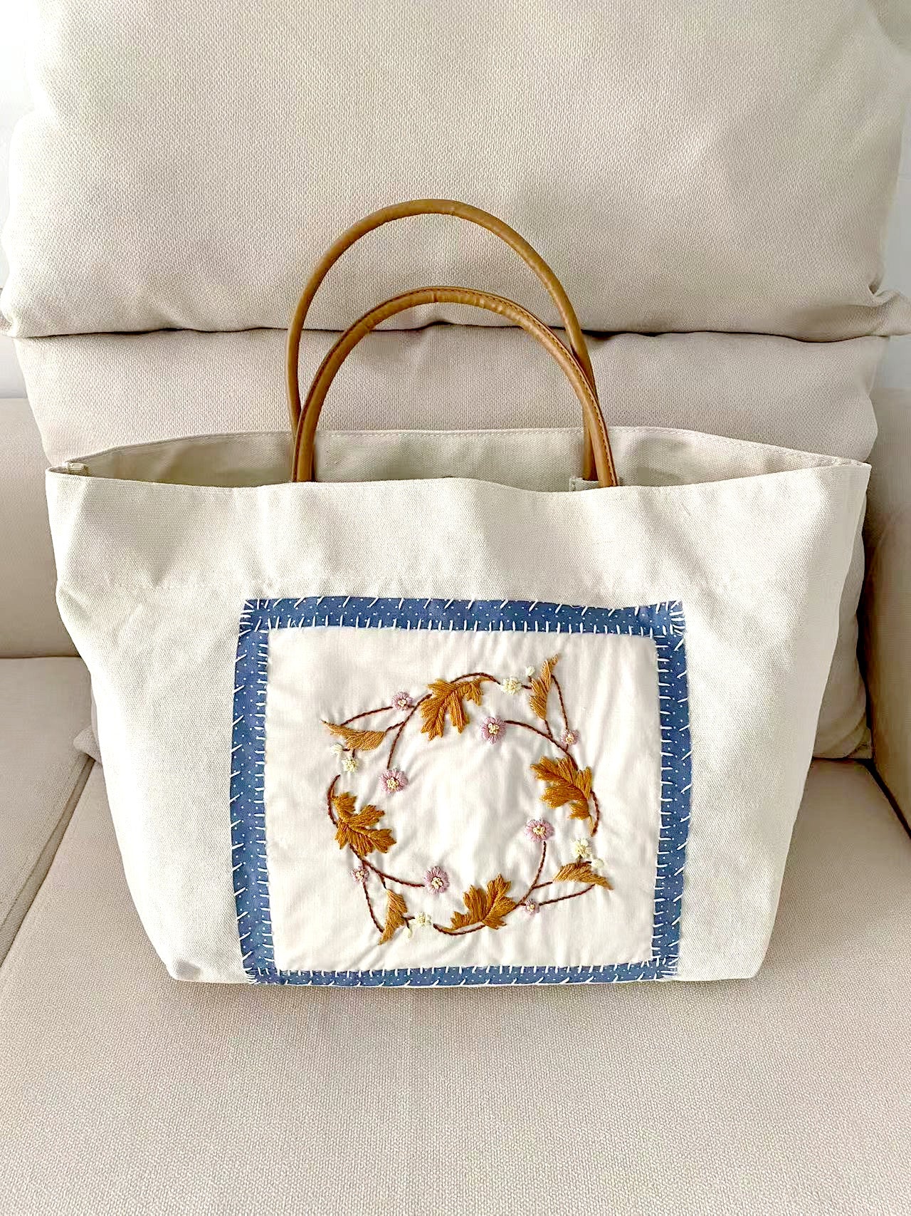 Reusable Canvas Shopping Bag with Custom Hand Embroidered Patterns