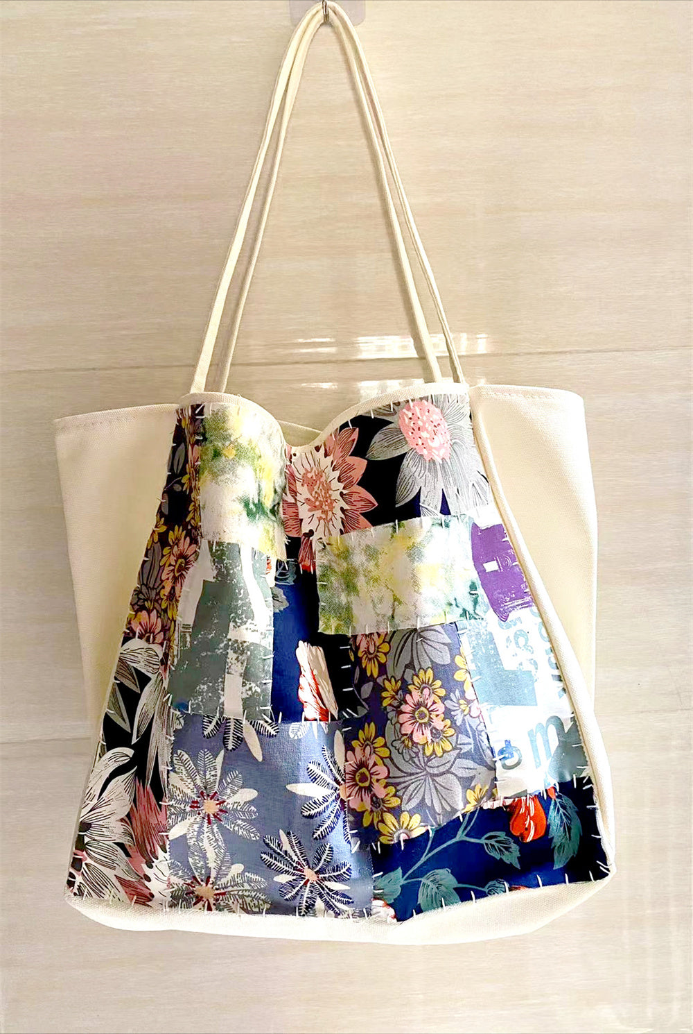 Handmade DIY Patchwork Design Canvas Tote Bag for Shopping