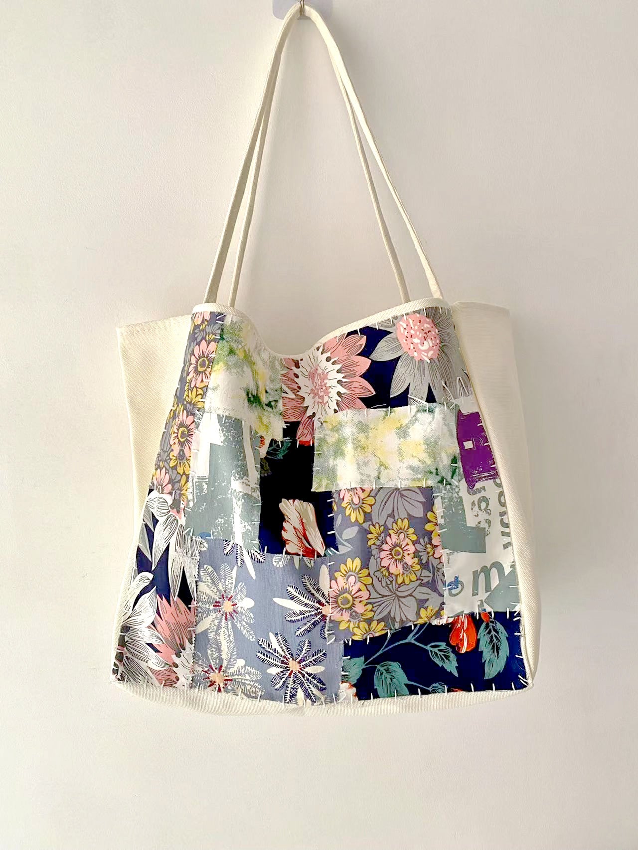 Durable Handmade Canvas Tote Bag with DIY Patchwork Design for Everyday Use