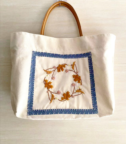 Handmade Canvas Bag With Floral Embroidery For Shopping