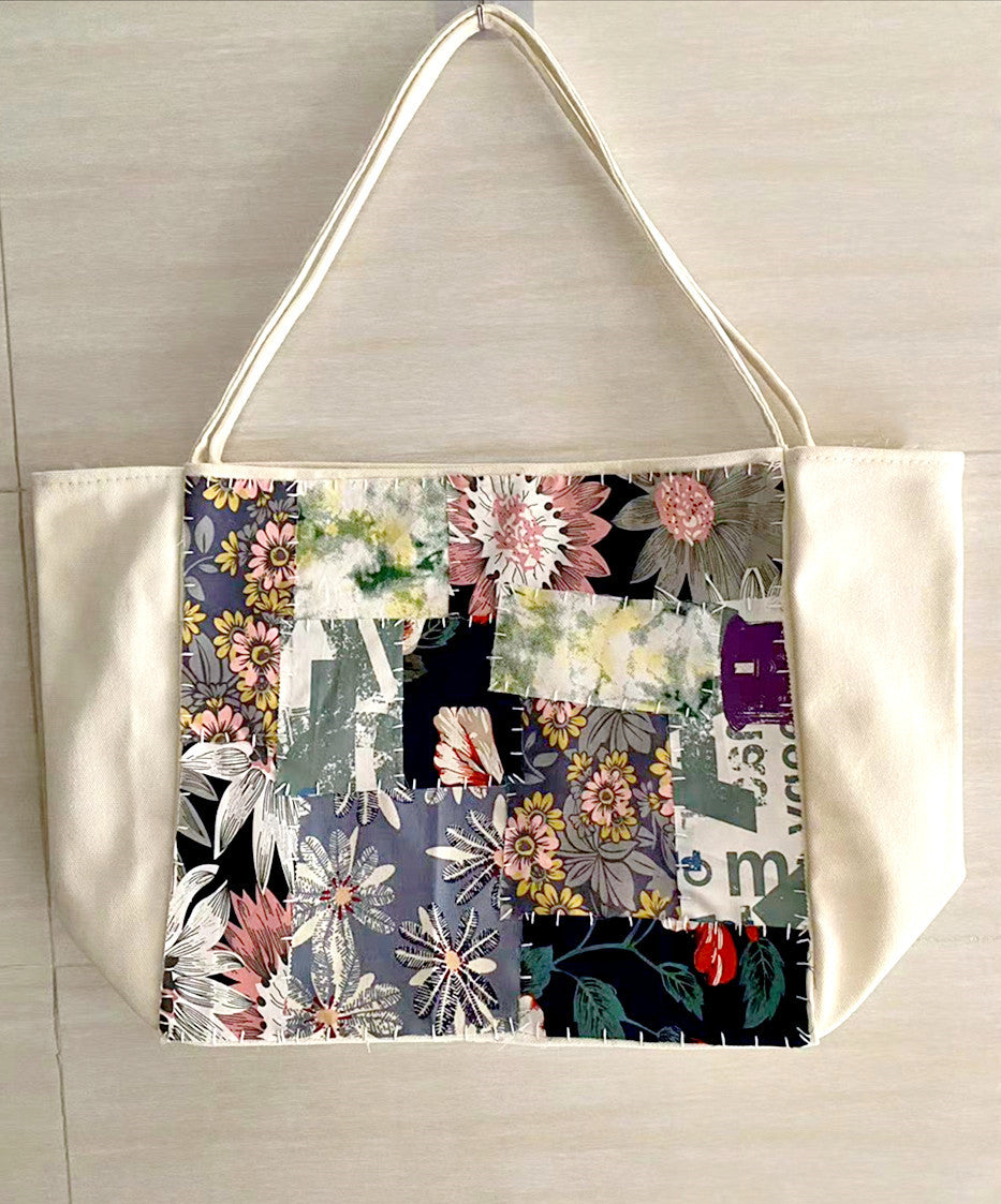 Custom Large Canvas Tote Bag with Hand-Sewn Fabric Patches