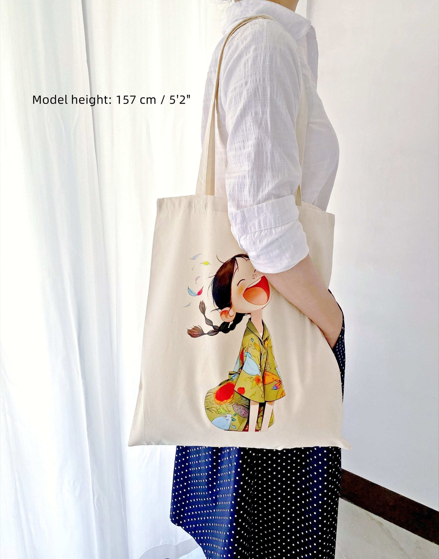 Artistic hand-printed girl design on bag
