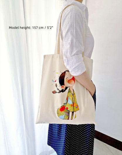 Artistic hand-printed girl design on bag