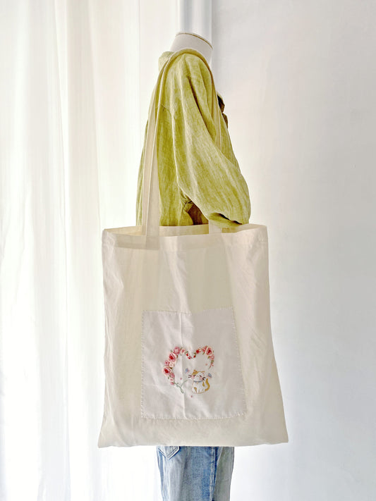large capacity eco cotton tote with soft handmade flower patterns