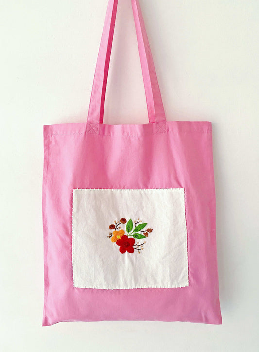Eco-friendly cotton tote bag with handmade floral embroidery