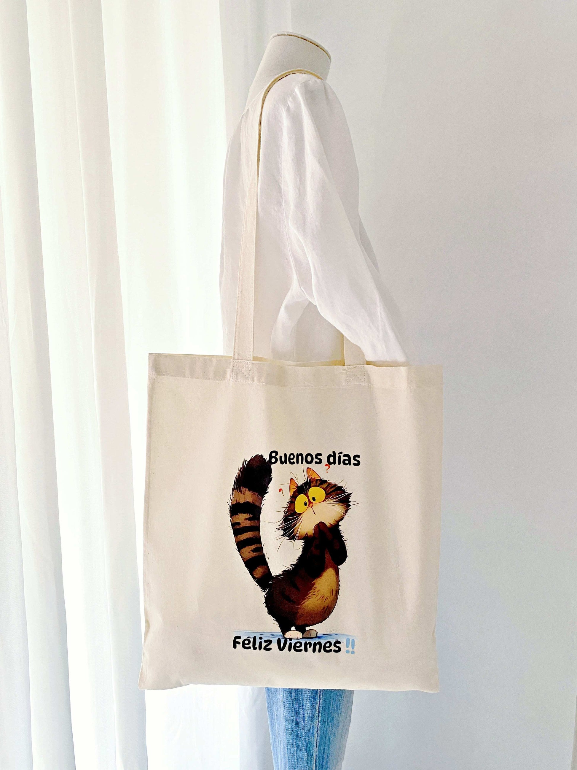 beige cotton bag with playful cat print