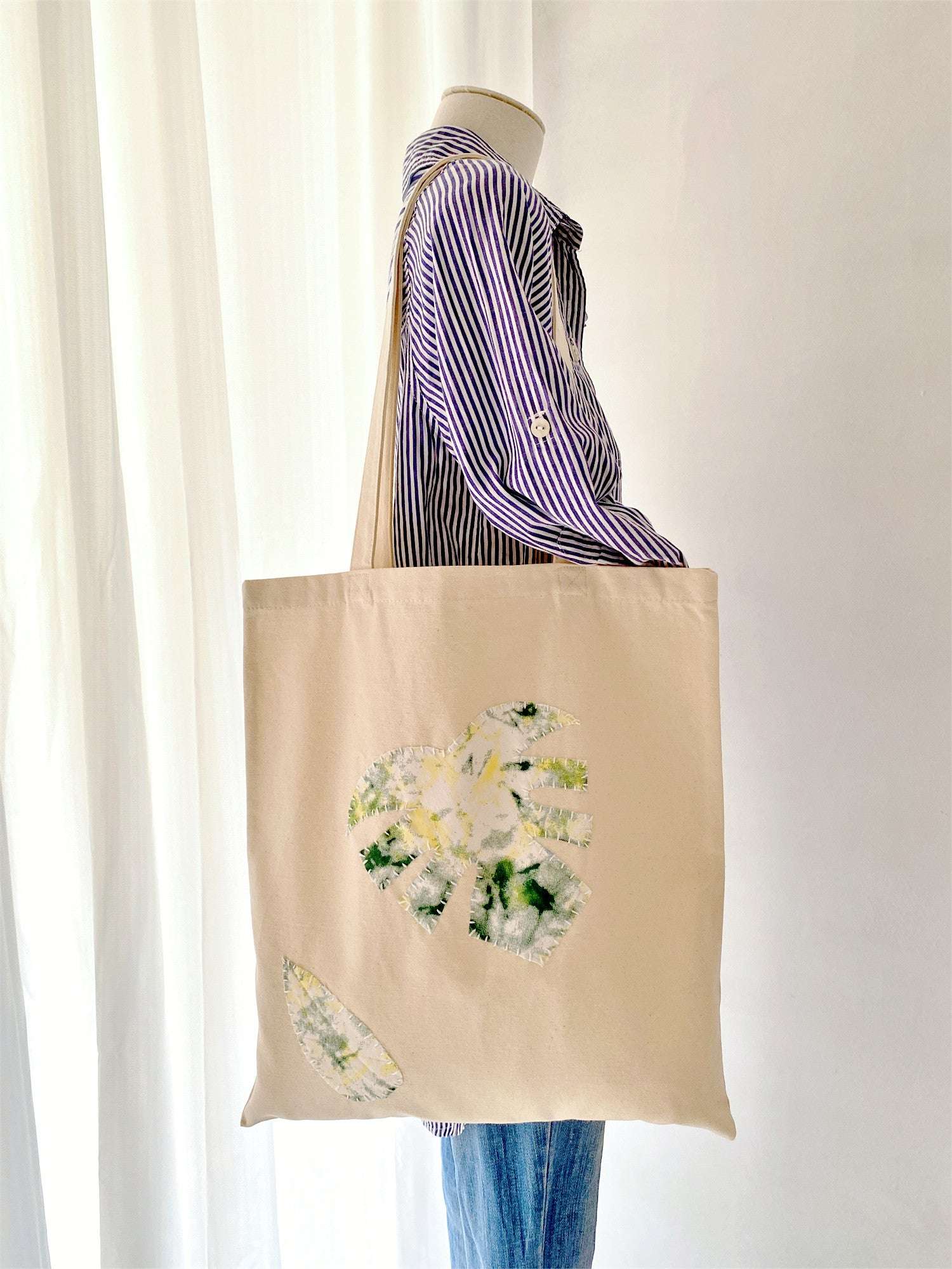 Everyday tote with handmade leaf applique