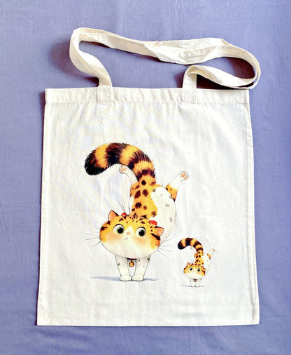 minimalist cat print shoulder tote made of natural cotton fabric