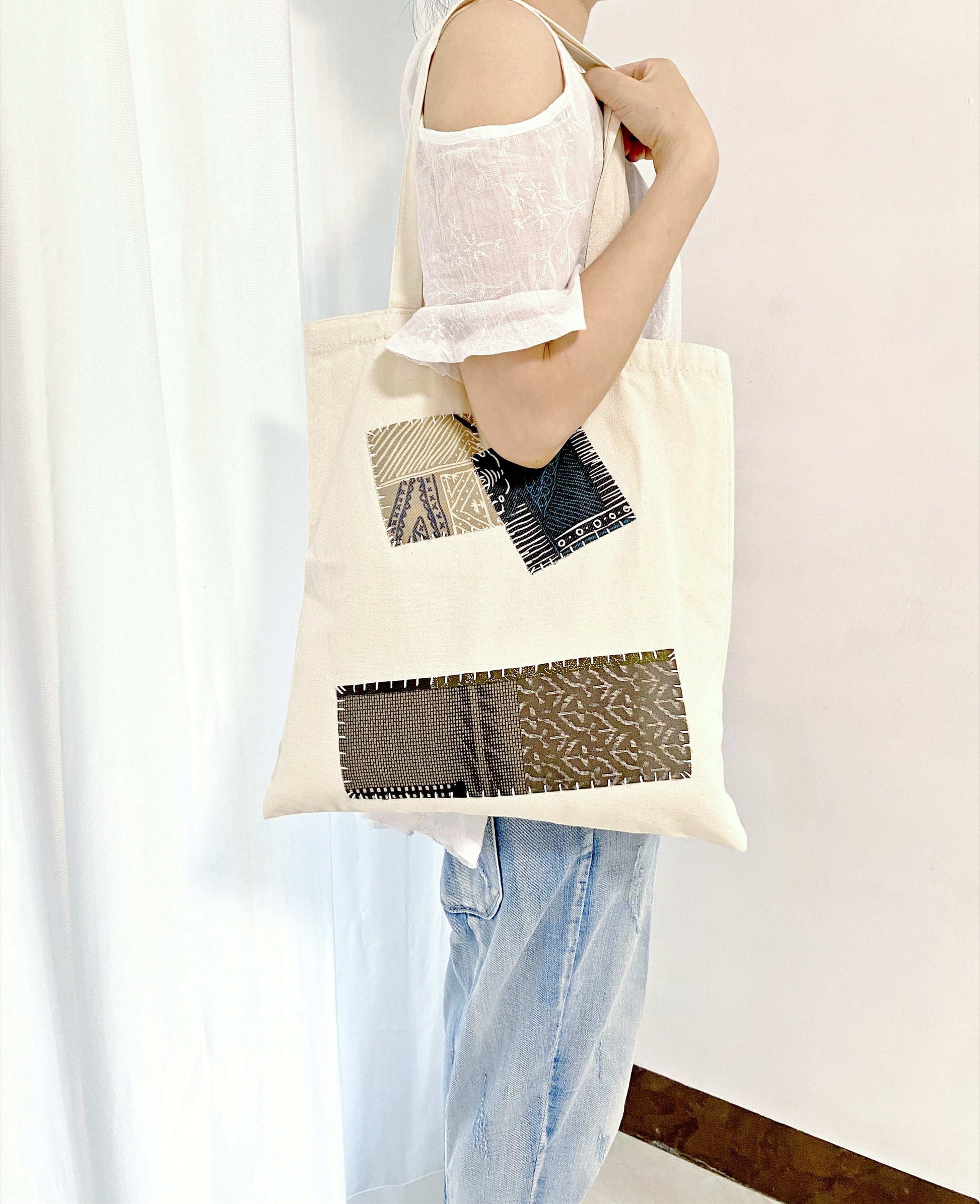 minimalist canvas tote bag with handmade patchwork design