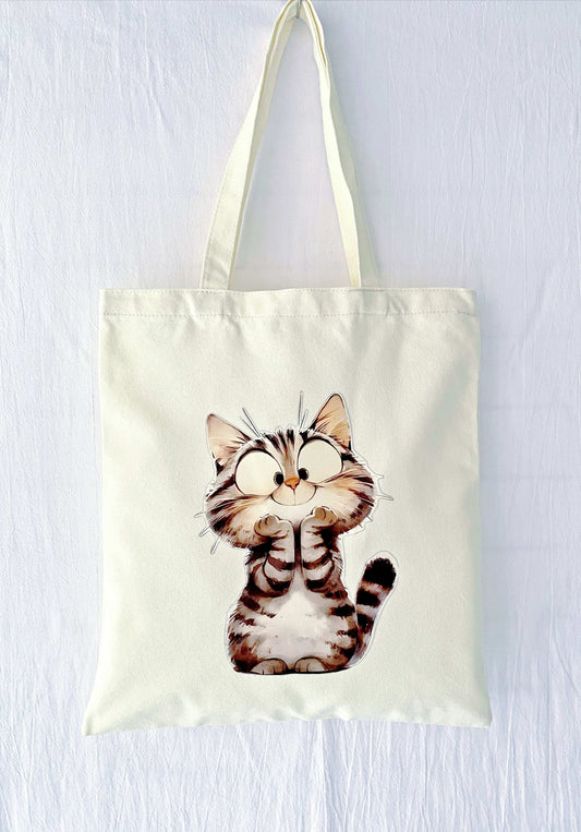 eco-friendly canvas tote bag with hand-printed cat design