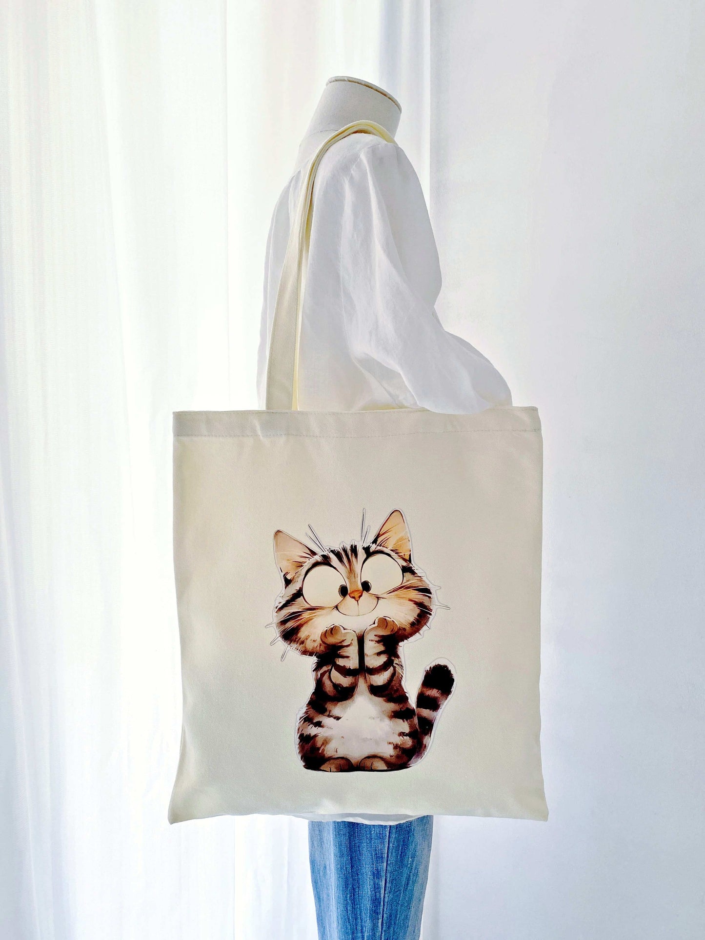 minimalist large canvas tote with playful kitty print