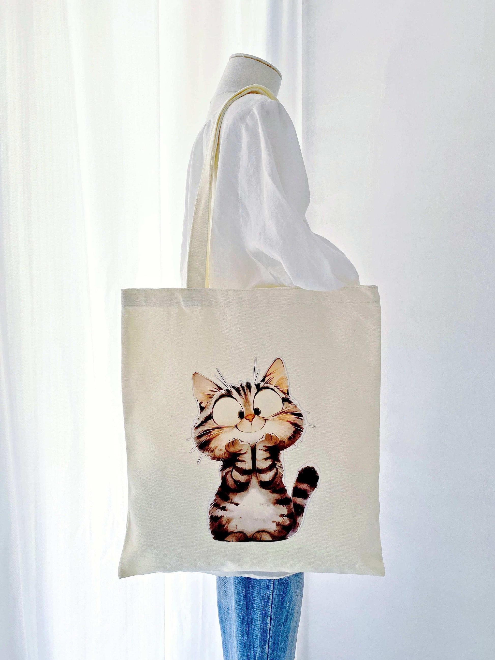 minimalist large canvas tote with playful kitty print