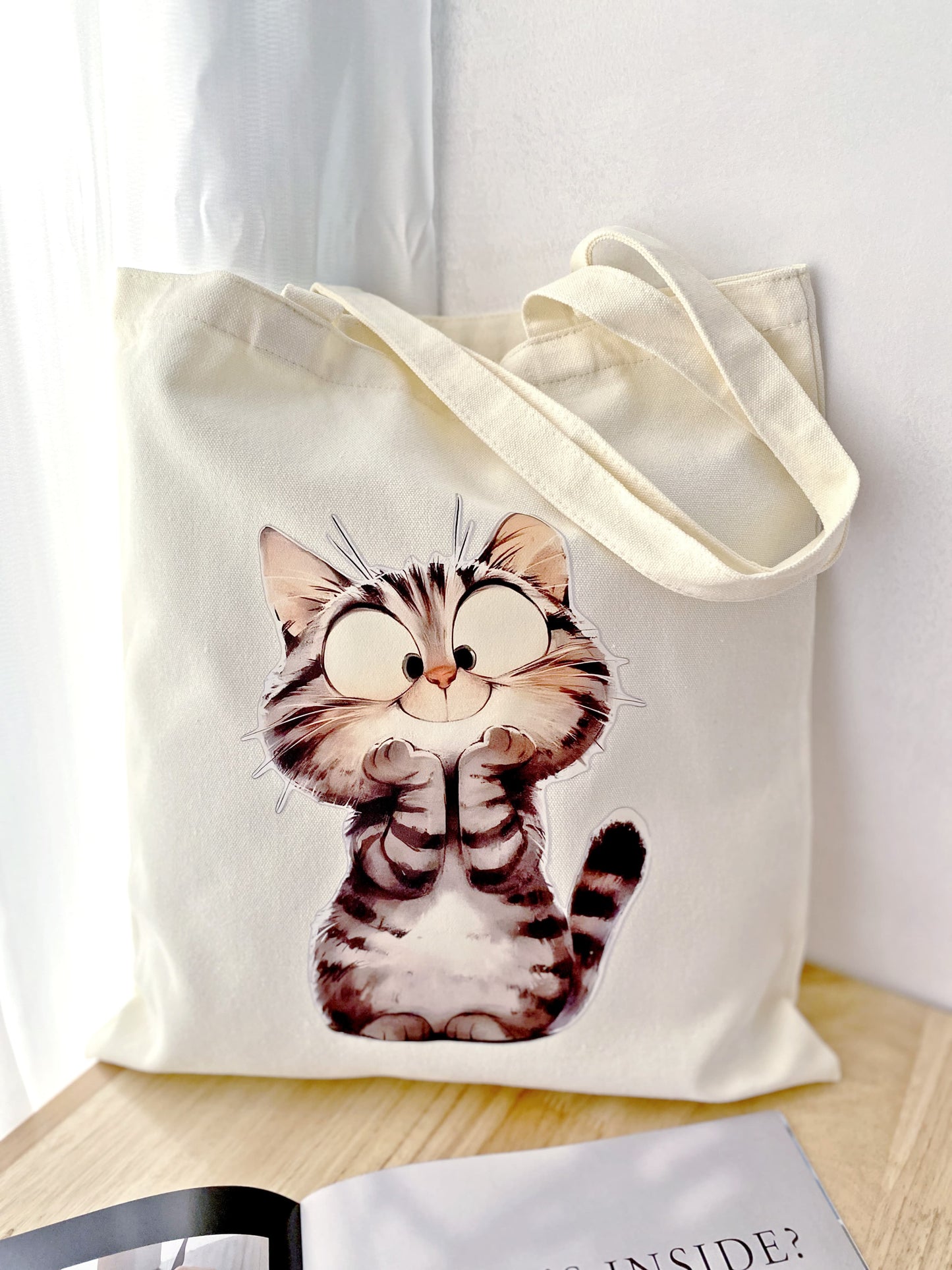 minimalist canvas tote with hand-printed cat illustration, slow living style USA