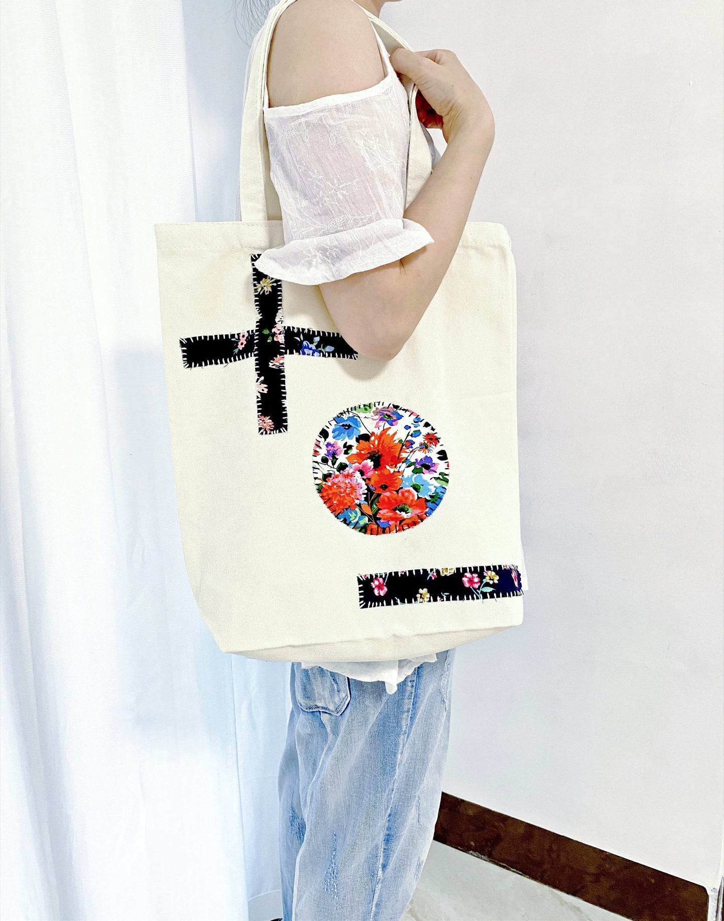 subtle patchwork canvas bag for minimalistic European interiors