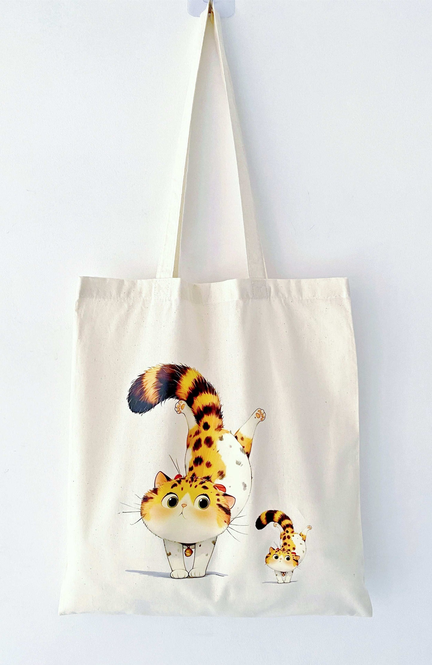 Hand-printed cat design tote made from eco-conscious natural materials