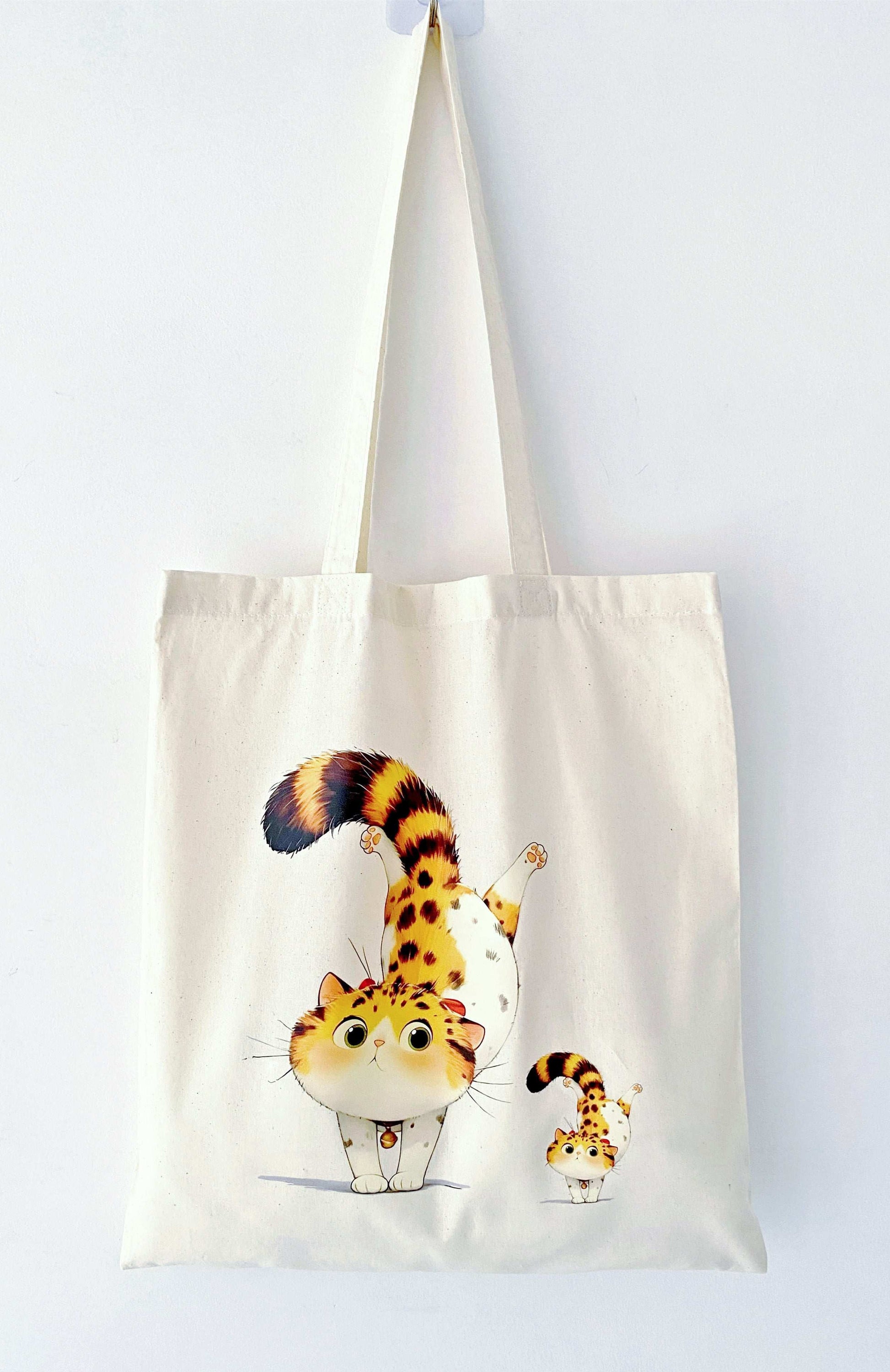 Hand-printed cat design tote made from eco-conscious natural materials